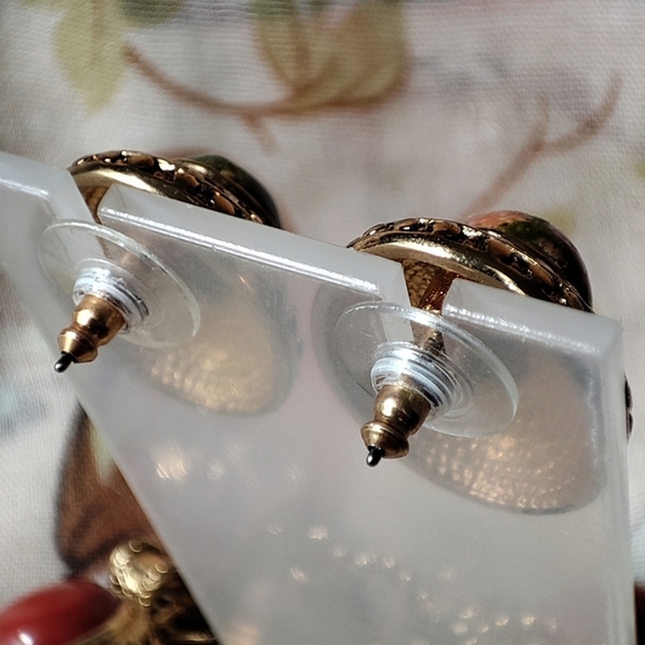 Unakite Stone Bracelet and Pierced Earrings Brass Tone Setting EUC Vintage - Picture 13 of 14